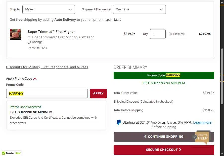 Kansas City Steak Co. checkout page showing Kansas City Steak Co. promo code box | Screenshot taken by SimplyCodes community member on Jan 7, 2026