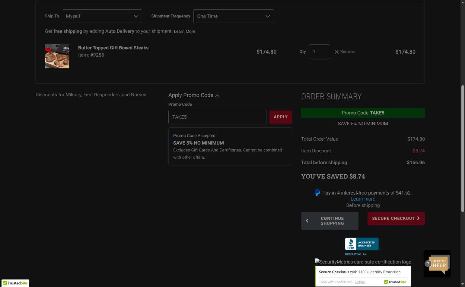Kansas City Steak Co. checkout page showing Kansas City Steak Co. promo code box | Screenshot taken by SimplyCodes community member on Dec 11, 2025