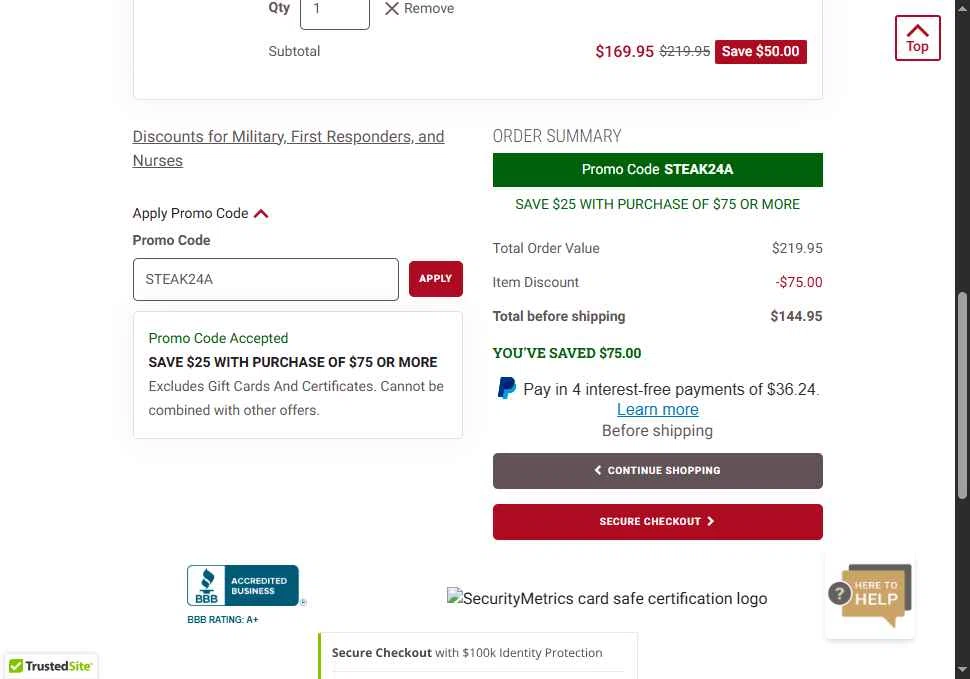 Kansas City Steak Co. checkout page showing Kansas City Steak Co. promo code box | Screenshot taken by SimplyCodes community member on Dec 27, 2025