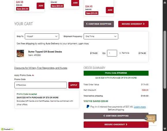 Kansas City Steak Co. checkout page showing Kansas City Steak Co. promo code box | Screenshot taken by SimplyCodes community member on Dec 11, 2025