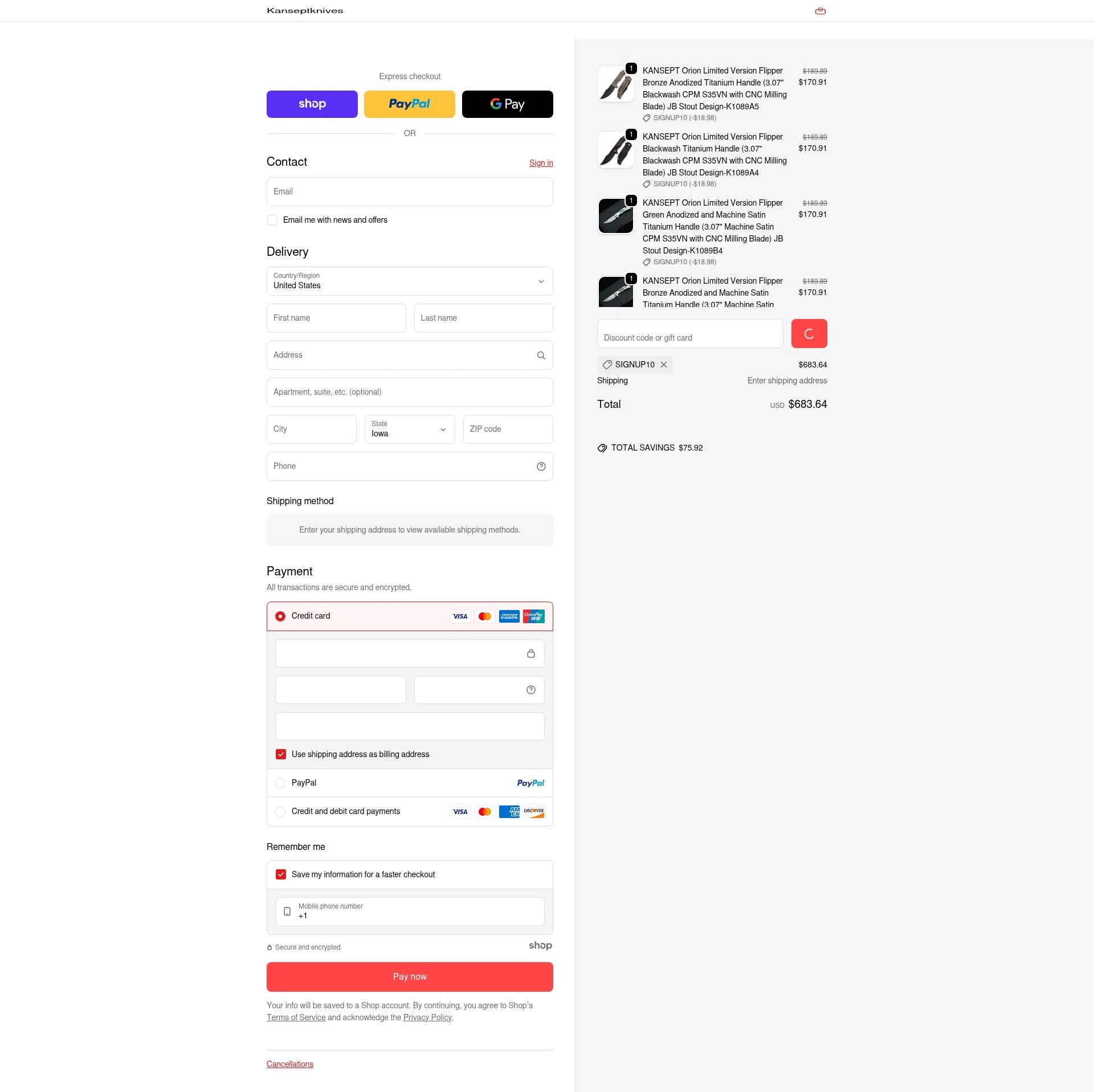 Kansept Knives checkout page showing Kansept Knives discount code box | Screenshot taken by SimplyCodes community member on Jan 3, 2026