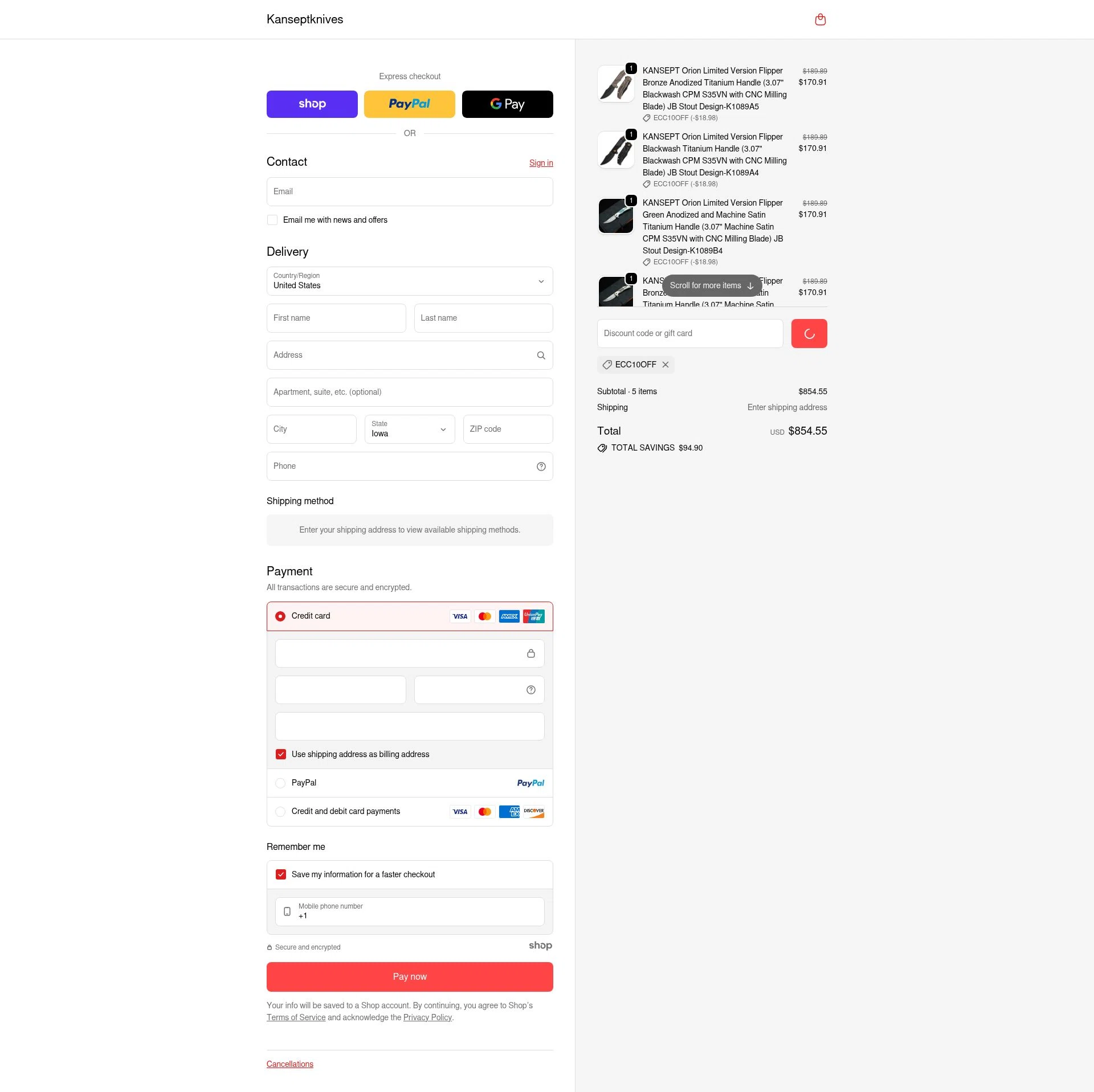 Kansept Knives checkout page showing Kansept Knives discount code box | Screenshot taken by SimplyCodes community member on Dec 29, 2025