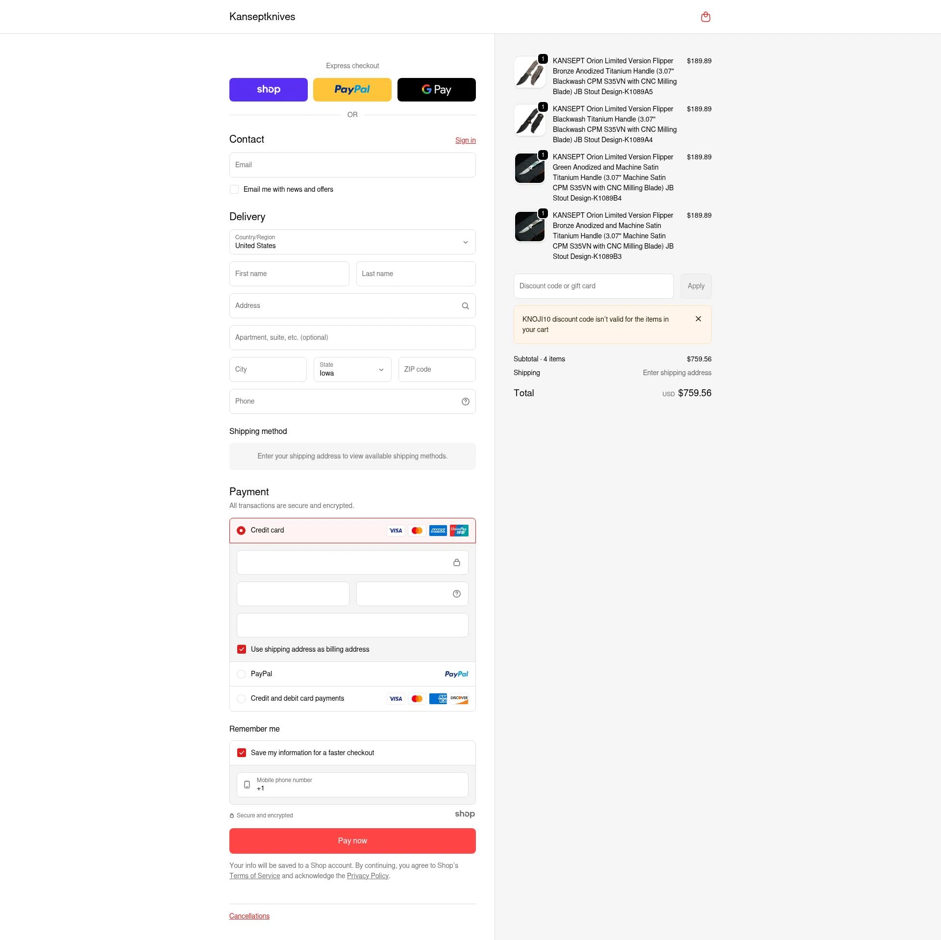 Kansept Knives checkout page showing Kansept Knives discount code box | Screenshot taken by SimplyCodes community member on Jan 3, 2026