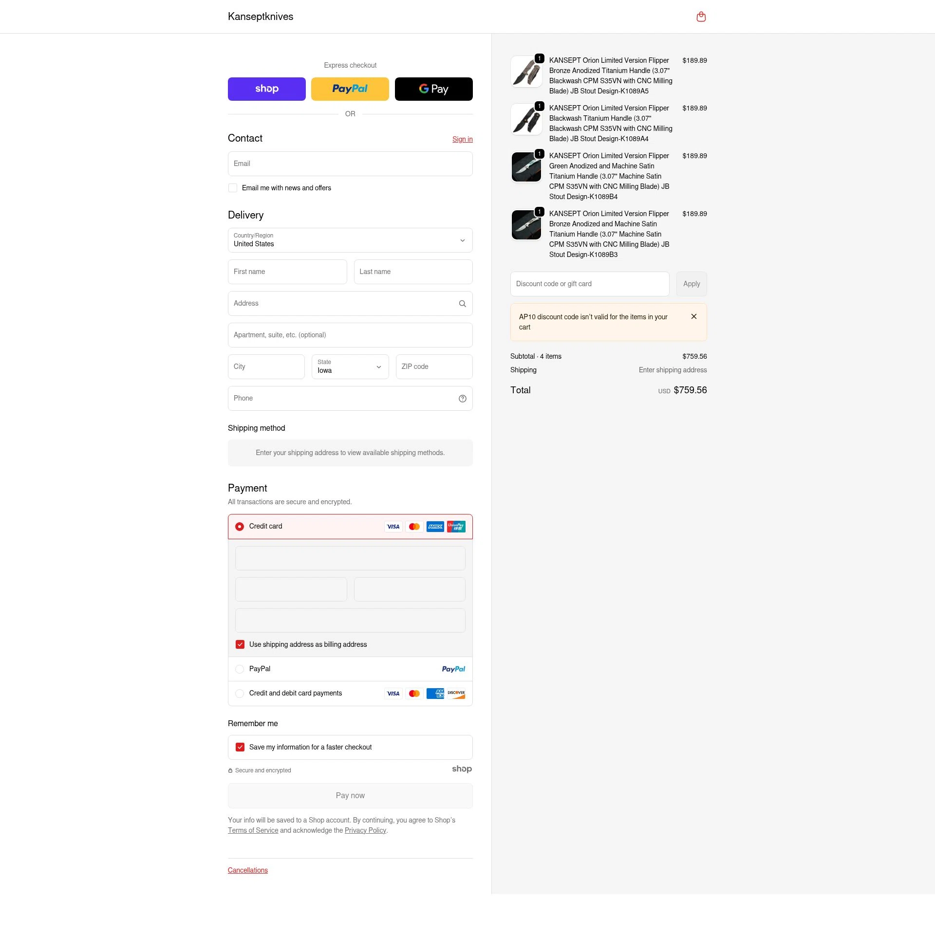 Kansept Knives checkout page showing Kansept Knives discount code box | Screenshot taken by SimplyCodes community member on Jan 3, 2026