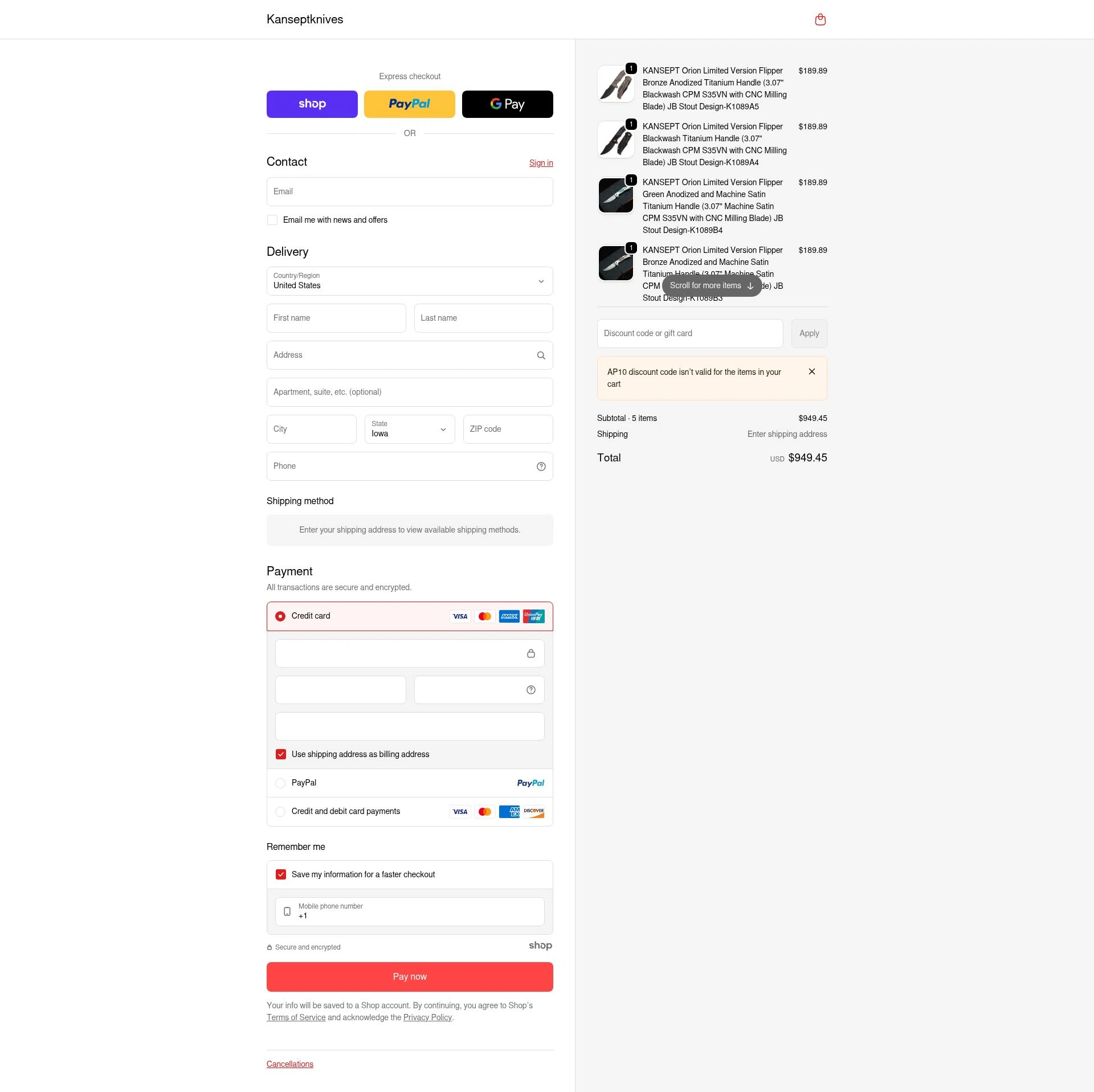Kansept Knives checkout page showing Kansept Knives discount code box | Screenshot taken by SimplyCodes community member on Dec 29, 2025