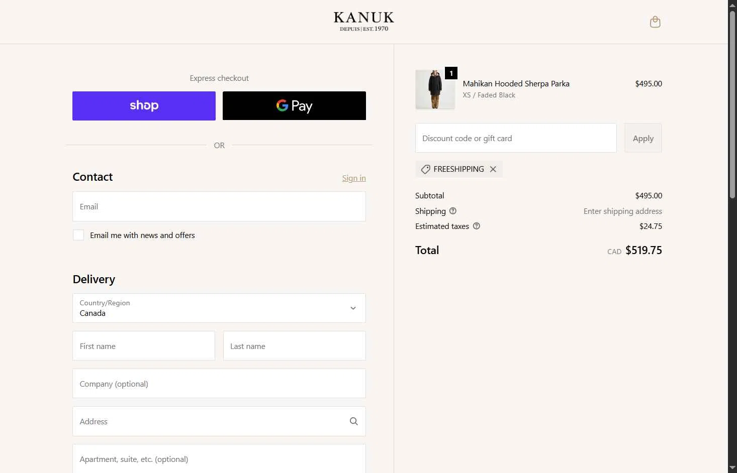 Kanuk checkout page showing Kanuk discount code box | Screenshot taken by SimplyCodes community member on Dec 24, 2025