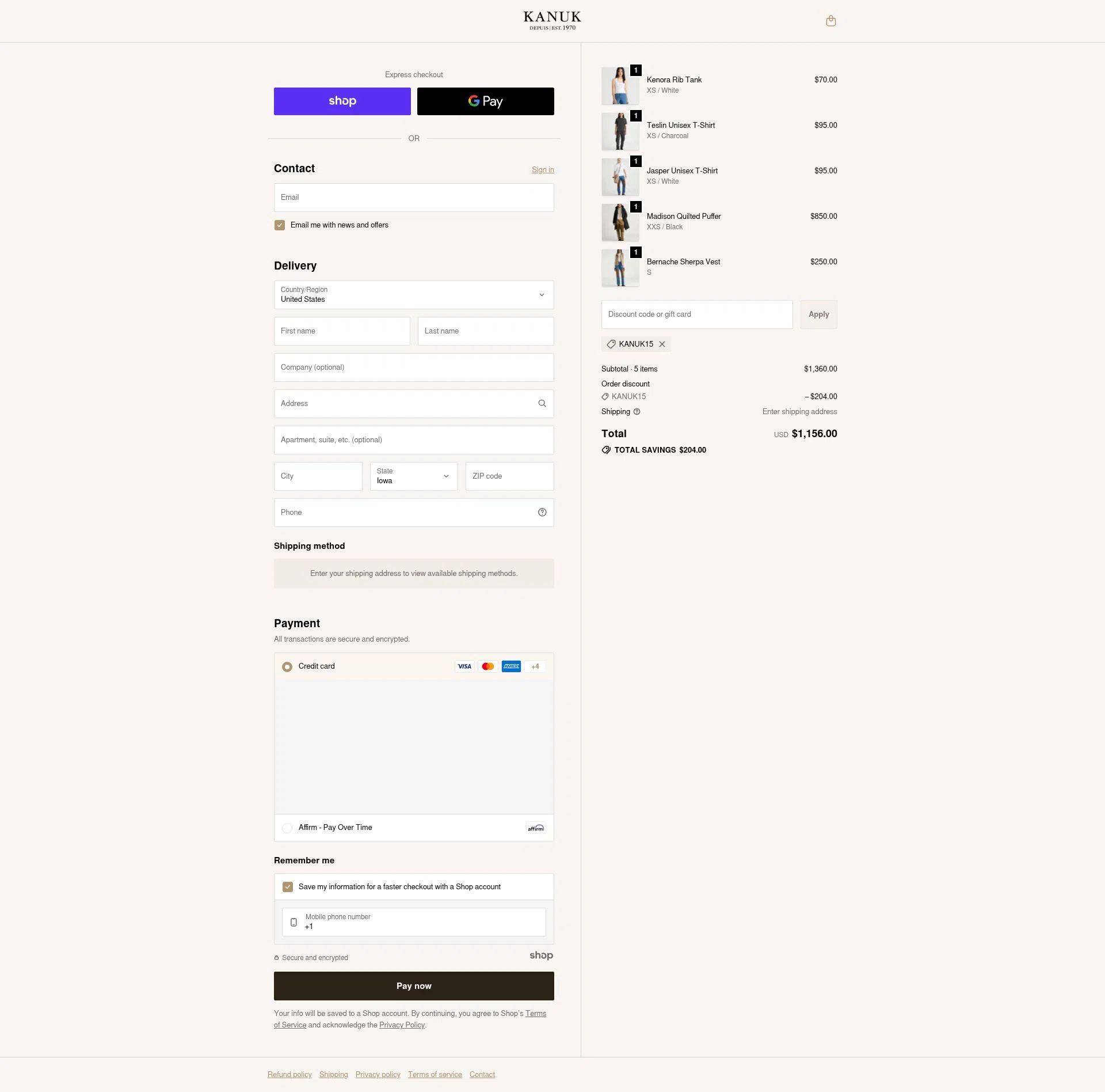 Kanuk checkout page showing Kanuk discount code box | Screenshot taken by SimplyCodes community member on Dec 9, 2025