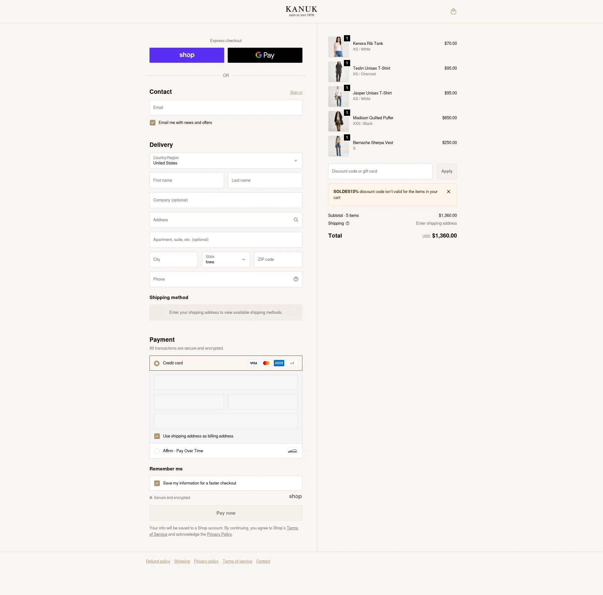 Kanuk checkout page showing Kanuk discount code box | Screenshot taken by SimplyCodes community member on Dec 22, 2025