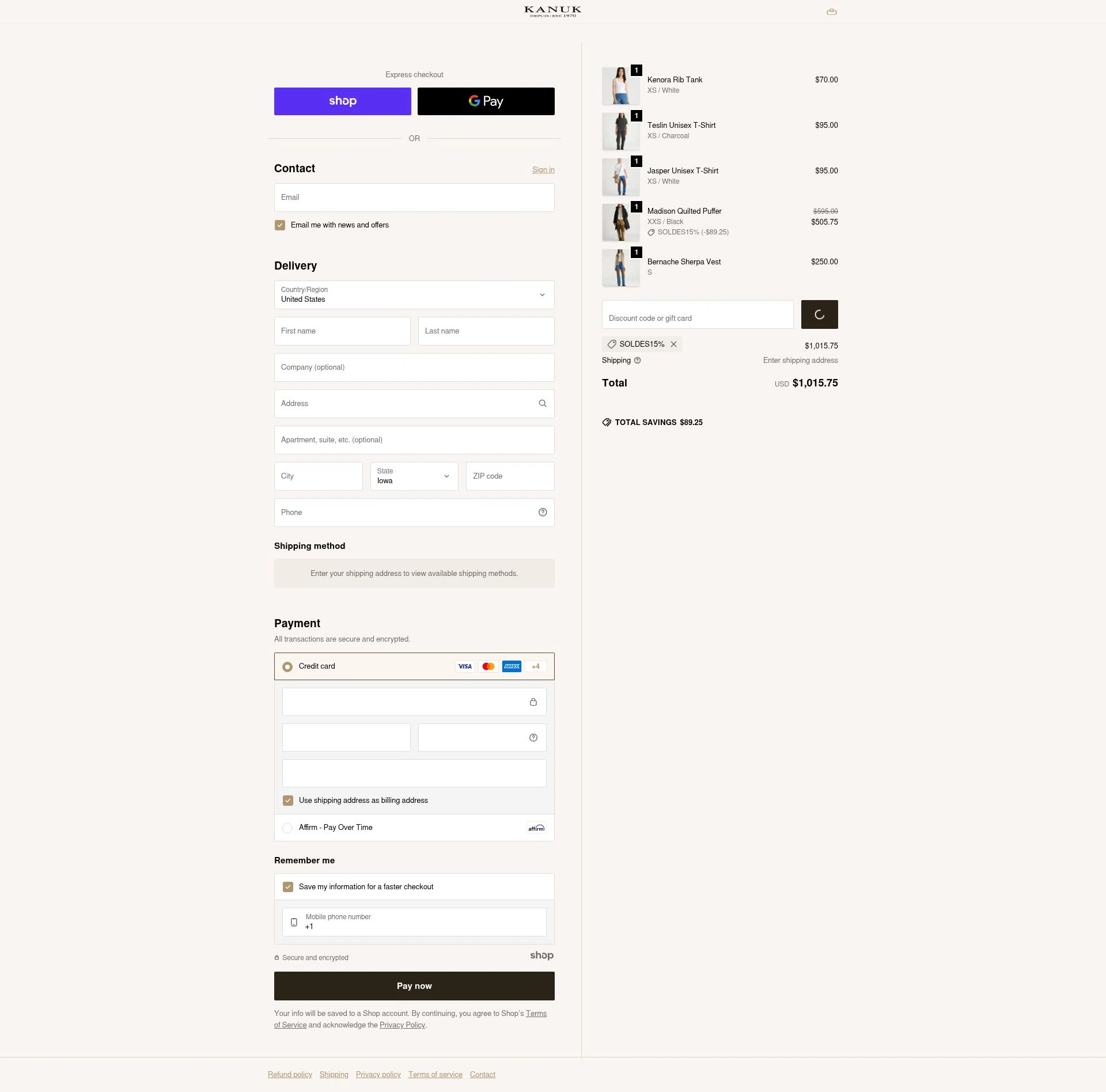 Kanuk checkout page showing Kanuk discount code box | Screenshot taken by SimplyCodes community member on Dec 27, 2025