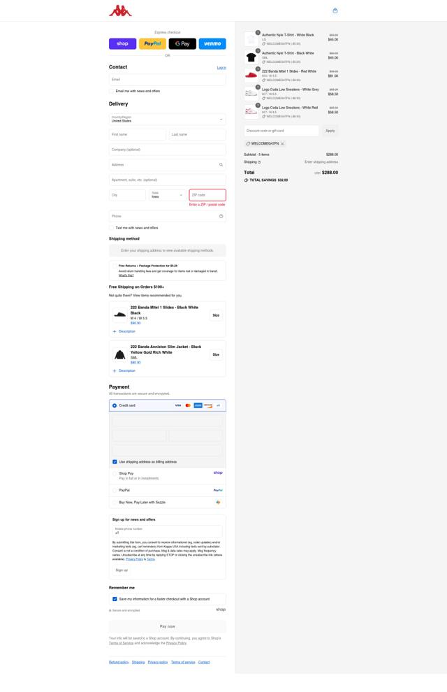 Kappa USA checkout page showing Kappa USA discount code box | Screenshot taken by SimplyCodes community member on Aug 30, 2025