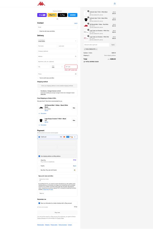 Kappa USA checkout page showing Kappa USA discount code box | Screenshot taken by SimplyCodes community member on Aug 22, 2025
