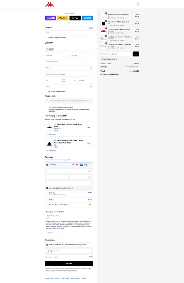 Kappa USA checkout page showing Kappa USA discount code box | Screenshot taken by SimplyCodes community member on Aug 17, 2025