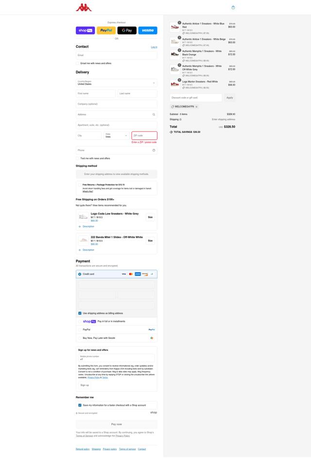 Kappa USA checkout page showing Kappa USA discount code box | Screenshot taken by SimplyCodes community member on Aug 13, 2025