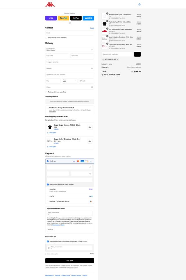 Kappa USA checkout page showing Kappa USA discount code box | Screenshot taken by SimplyCodes community member on Sep 8, 2025