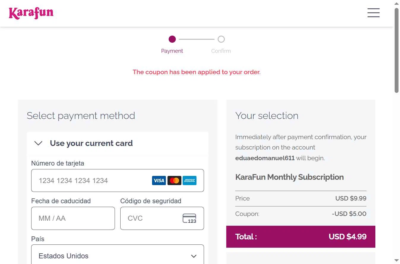 KaraFun checkout page showing KaraFun promo code box | Screenshot taken by SimplyCodes community member on Jan 26, 2026