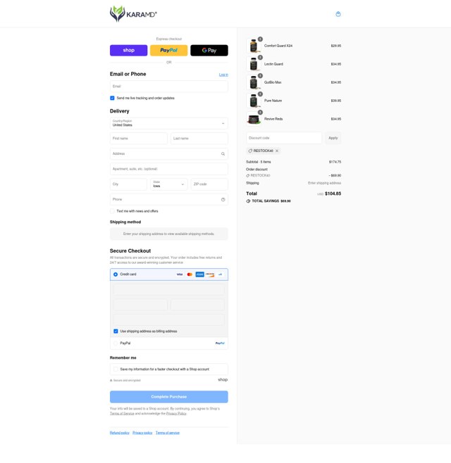 KaraMD checkout page showing KaraMD discount code box | Screenshot taken by SimplyCodes community member on Sep 6, 2025