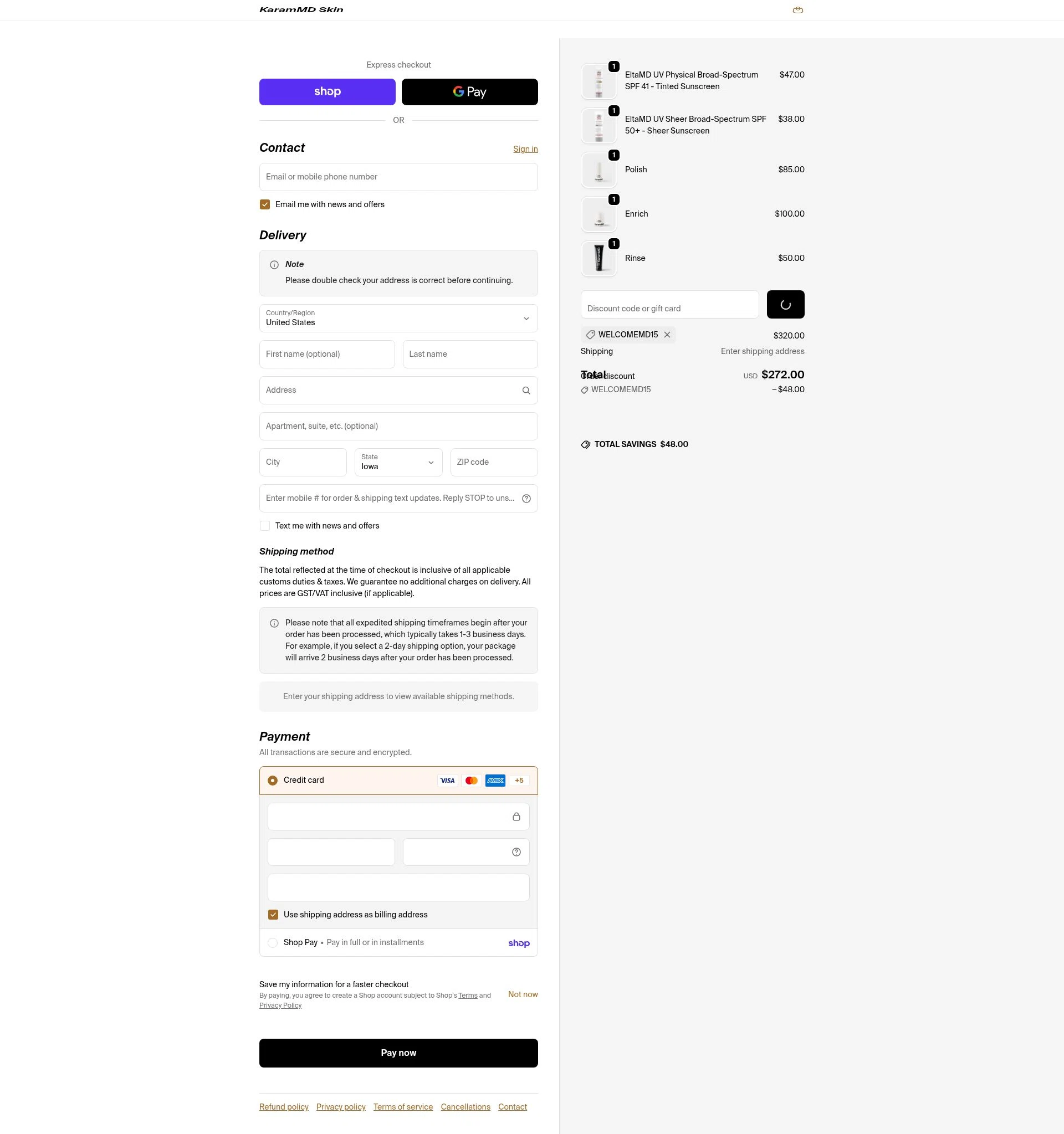 Karam MD Skin checkout page showing Karam MD Skin promo code box | Screenshot taken by SimplyCodes community member on Feb 18, 2026