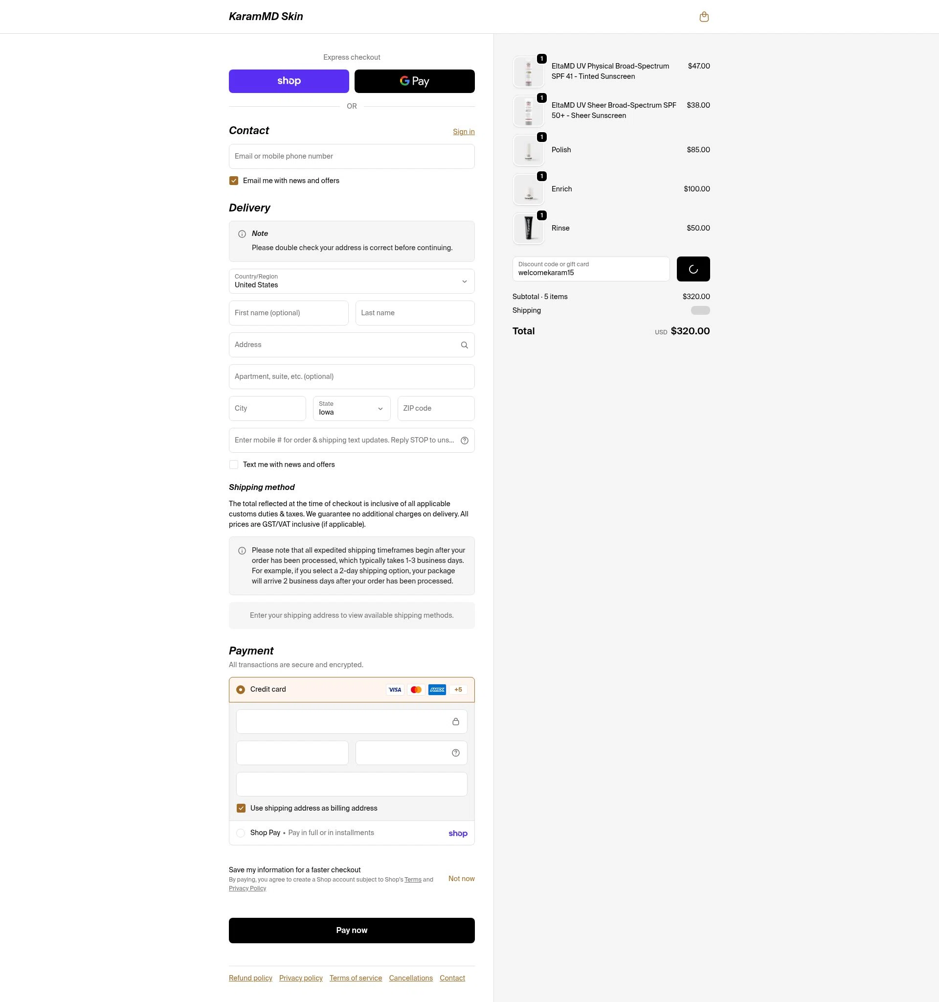 Karam MD Skin checkout page showing Karam MD Skin promo code box | Screenshot taken by SimplyCodes community member on Feb 18, 2026