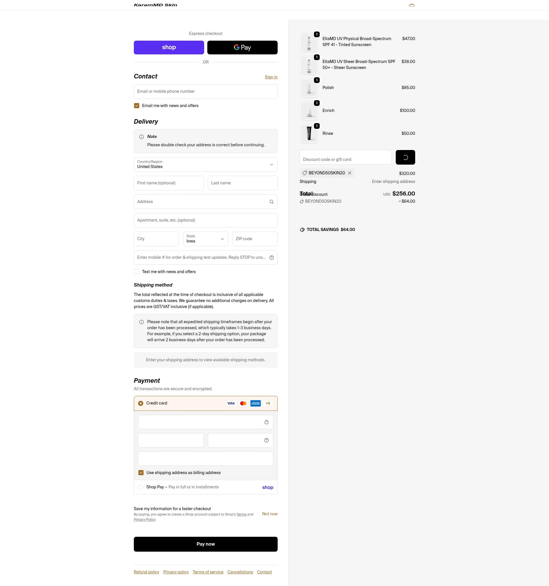 Karam MD Skin checkout page showing Karam MD Skin promo code box | Screenshot taken by SimplyCodes community member on Feb 18, 2026