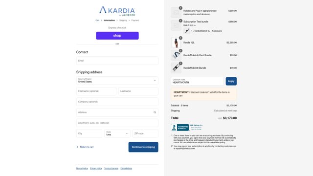 Kardia checkout page showing Kardia discount code box | Screenshot taken by SimplyCodes community member on Sep 8, 2025
