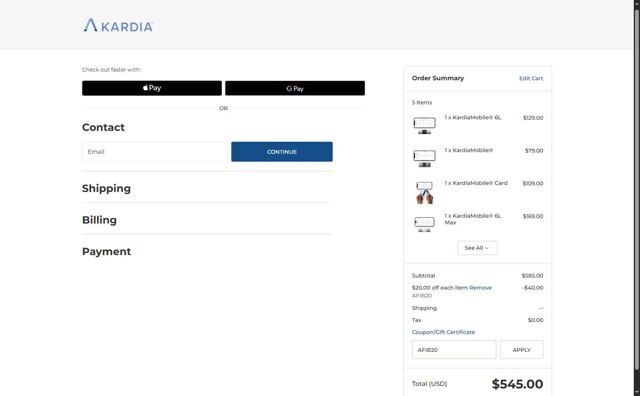 Kardia checkout page showing Kardia discount code box | Screenshot taken by SimplyCodes community member on Sep 8, 2025