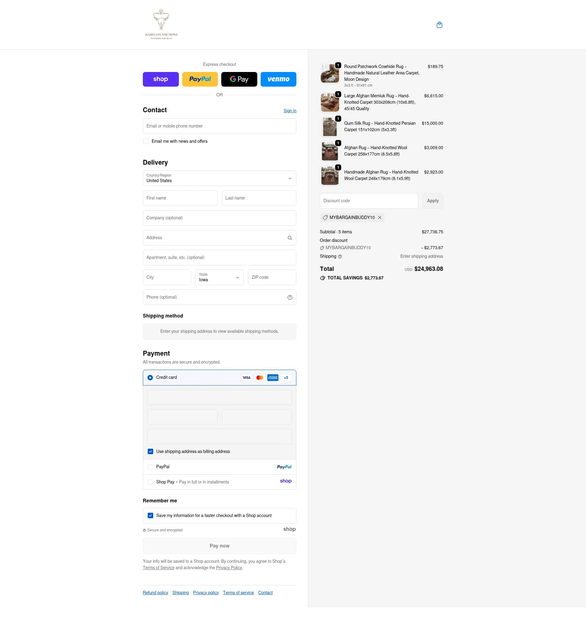 KareliasAndSons checkout page showing KareliasAndSons promo code box | Screenshot taken by SimplyCodes community member on Dec 6, 2025