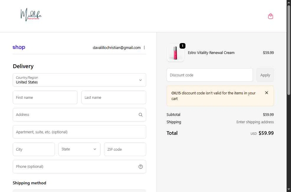 Karen Martel checkout page showing Karen Martel promo code box | Screenshot taken by SimplyCodes community member on Dec 18, 2025