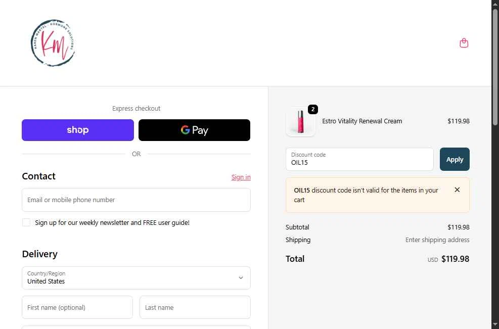 Karen Martel checkout page showing Karen Martel promo code box | Screenshot taken by SimplyCodes community member on Nov 19, 2025
