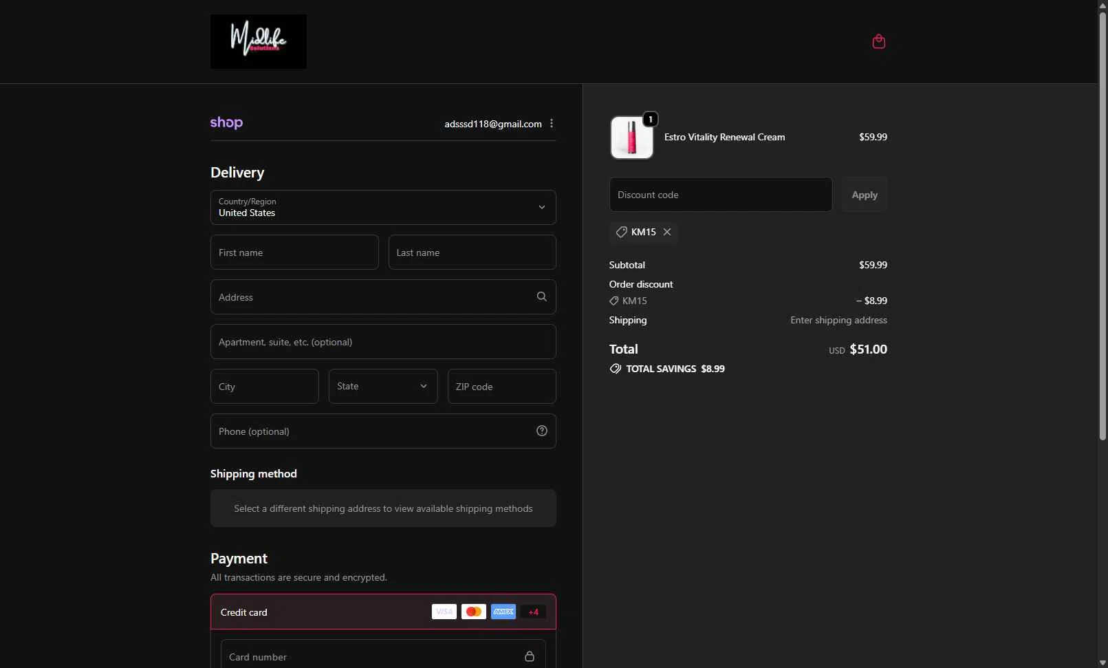 Karen Martel checkout page showing Karen Martel promo code box | Screenshot taken by SimplyCodes community member on Dec 31, 2025