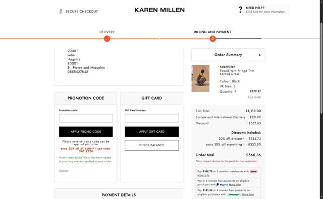 Karen Millen checkout page showing Karen Millen promo code box | Screenshot taken by SimplyCodes community member on Aug 29, 2025