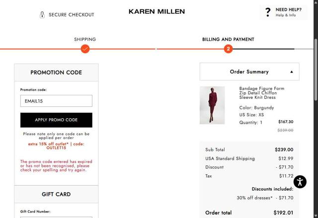 Karen Millen checkout page showing Karen Millen promo code box | Screenshot taken by SimplyCodes community member on Sep 14, 2025