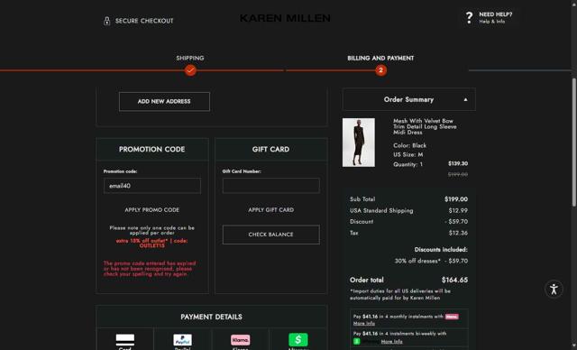 Karen Millen checkout page showing Karen Millen promo code box | Screenshot taken by SimplyCodes community member on Sep 14, 2025