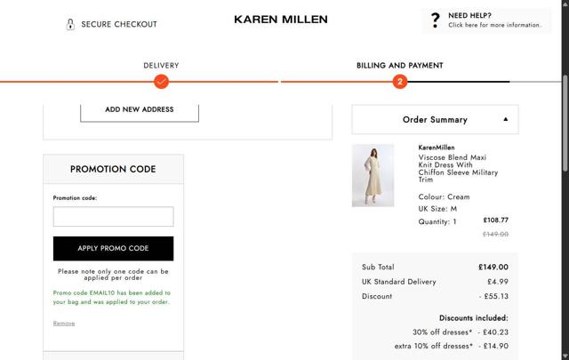Karen Millen checkout page showing Karen Millen promo code box | Screenshot taken by SimplyCodes community member on Sep 6, 2025