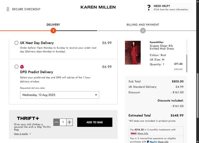Karen Millen AU checkout page showing Karen Millen AU promo code box | Screenshot taken by SimplyCodes community member on Aug 11, 2025