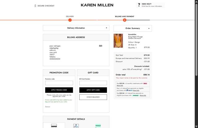 Karen Millen AU checkout page showing Karen Millen AU promo code box | Screenshot taken by SimplyCodes community member on Jun 25, 2025