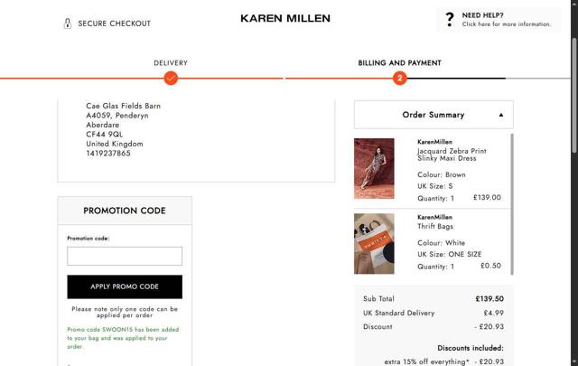 Karen Millen AU checkout page showing Karen Millen AU promo code box | Screenshot taken by SimplyCodes community member on Jul 17, 2025