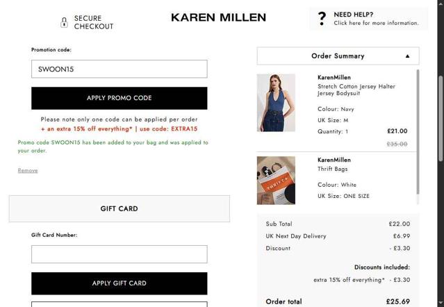 Karen Millen AU checkout page showing Karen Millen AU promo code box | Screenshot taken by SimplyCodes community member on Jul 12, 2025