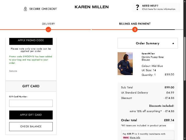 Karen Millen AU checkout page showing Karen Millen AU promo code box | Screenshot taken by SimplyCodes community member on Sep 7, 2025