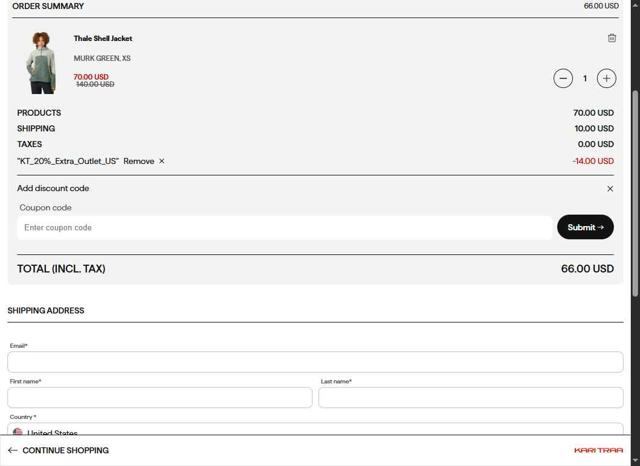 Kari Traa checkout page showing Kari Traa discount code box | Screenshot taken by SimplyCodes community member on May 16, 2025