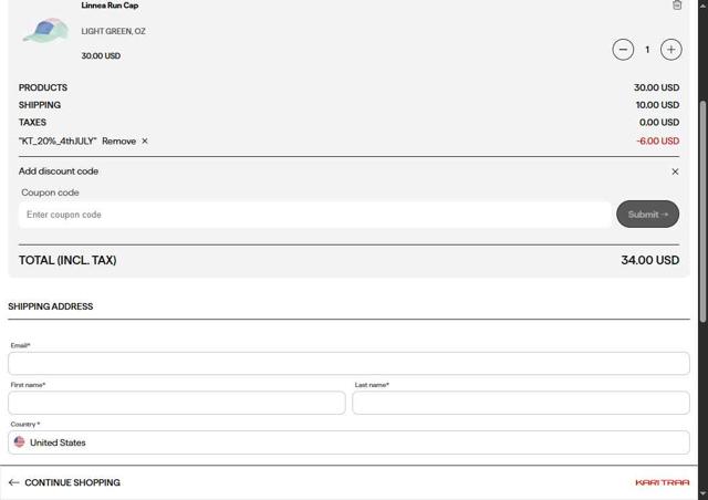 Kari Traa checkout page showing Kari Traa discount code box | Screenshot taken by SimplyCodes community member on Jun 30, 2025