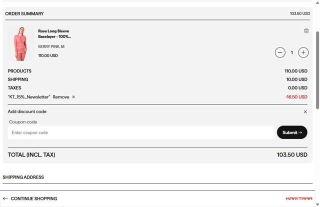 Kari Traa checkout page showing Kari Traa discount code box | Screenshot taken by SimplyCodes community member on Apr 27, 2025