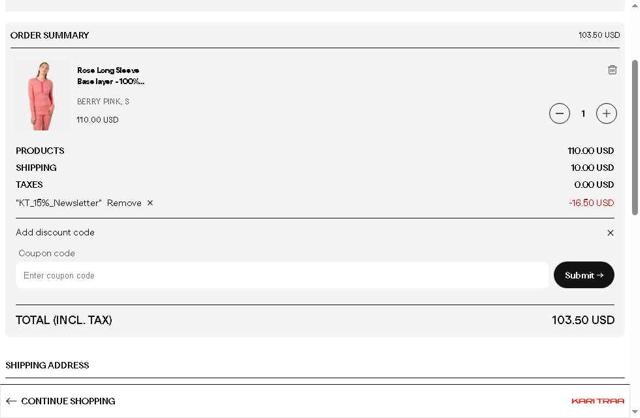 Kari Traa checkout page showing Kari Traa discount code box | Screenshot taken by SimplyCodes community member on Jul 15, 2025
