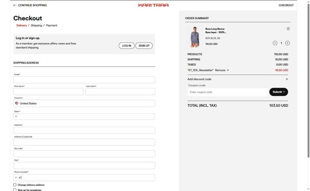 Kari Traa checkout page showing Kari Traa discount code box | Screenshot taken by SimplyCodes community member on Aug 7, 2025