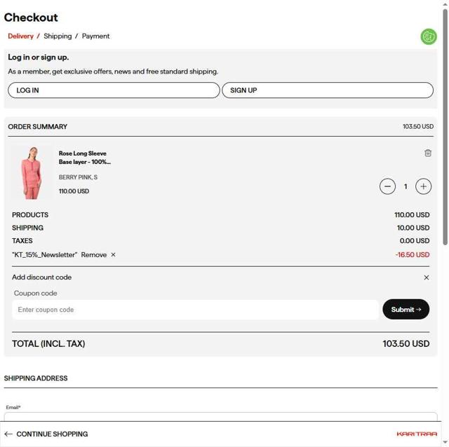 Kari Traa checkout page showing Kari Traa discount code box | Screenshot taken by SimplyCodes community member on Jul 15, 2025
