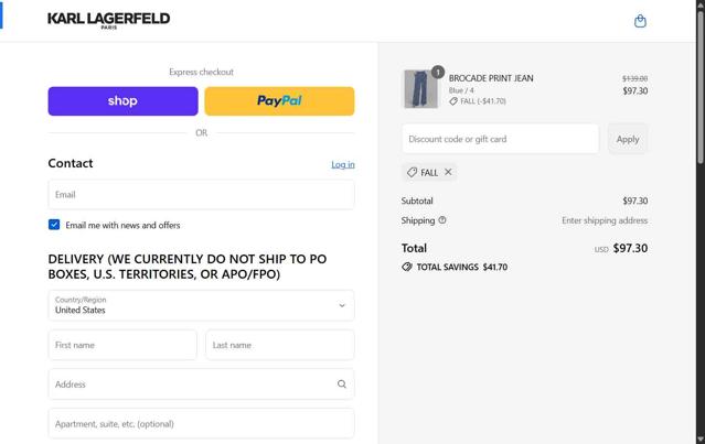 Karl Lagerfeld checkout page showing Karl Lagerfeld discount code box | Screenshot taken by SimplyCodes community member on Sep 5, 2025