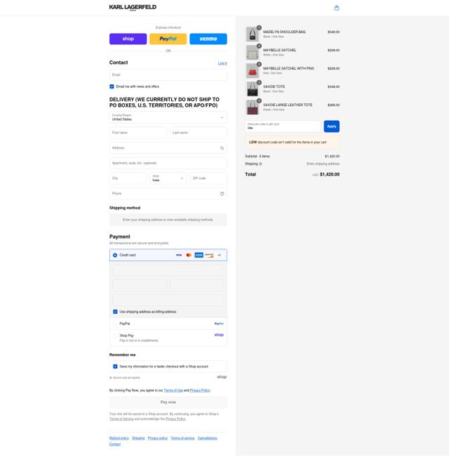 Karl Lagerfeld checkout page showing Karl Lagerfeld discount code box | Screenshot taken by SimplyCodes community member on Sep 4, 2025