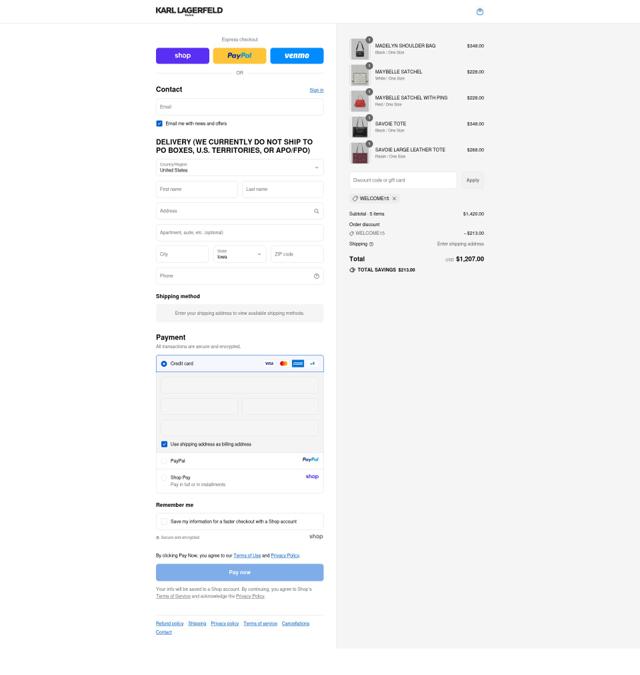 Karl Lagerfeld checkout page showing Karl Lagerfeld discount code box | Screenshot taken by SimplyCodes community member on Sep 12, 2025