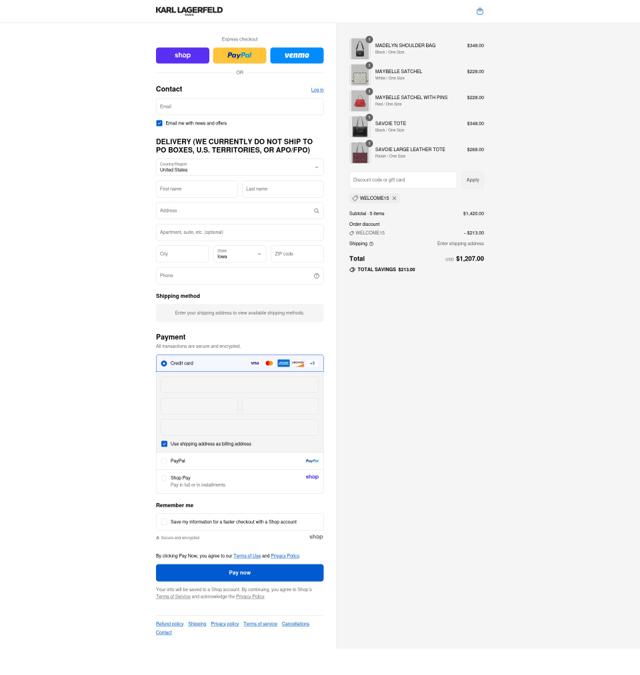 Karl Lagerfeld checkout page showing Karl Lagerfeld discount code box | Screenshot taken by SimplyCodes community member on Aug 31, 2025