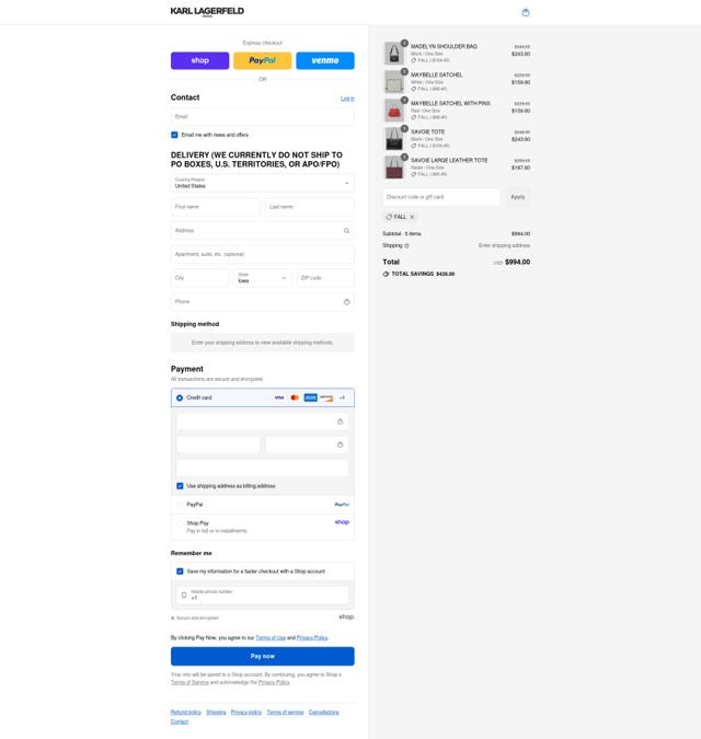 Karl Lagerfeld checkout page showing Karl Lagerfeld discount code box | Screenshot taken by SimplyCodes community member on Sep 8, 2025