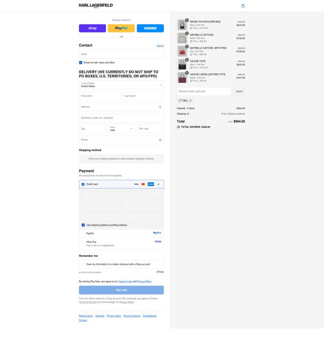 Karl Lagerfeld checkout page showing Karl Lagerfeld discount code box | Screenshot taken by SimplyCodes community member on Sep 12, 2025
